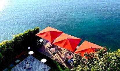 Seminarhotel in Weggis, Terrasse am See mit roten Sonnenschirmen von oben