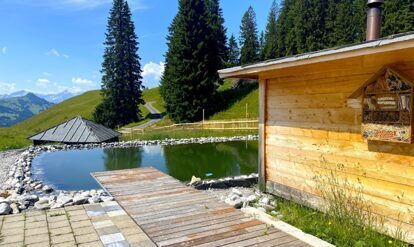 Retreathaus im Berner Oberland, Sauna mit Badeteich in der Sonne