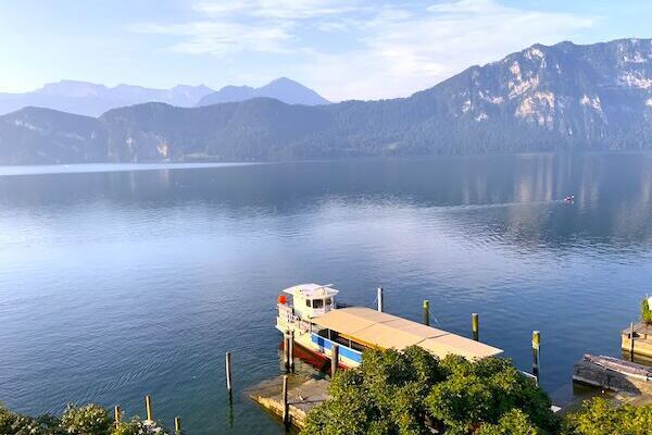 Ausblick von oben auf den Viewaldstättersee auf Boot 