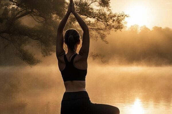 Frau in der Yogaposition Baum, im Hintergrund warme Herbstfarben, See und Nebel