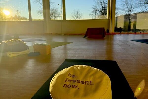 Yogasaal mit Yogamatten und Kissen, Blick in die Natur