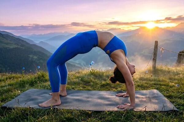 Frau in der Yogaposition Rad in den Bergen, mit der untergehenden Sonne im Hintergrund